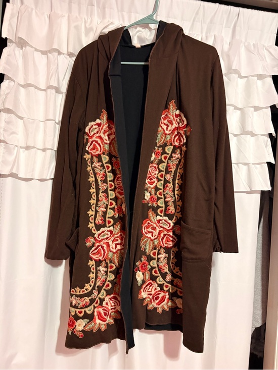 Sweaters - Women’s Brown Hooded Cardigan with Red Floral Embroidery